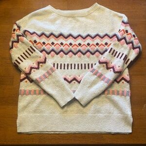 LOFT Wool Blend Fair Isle Cream Sweater with Pink and Brown Patterns Size S